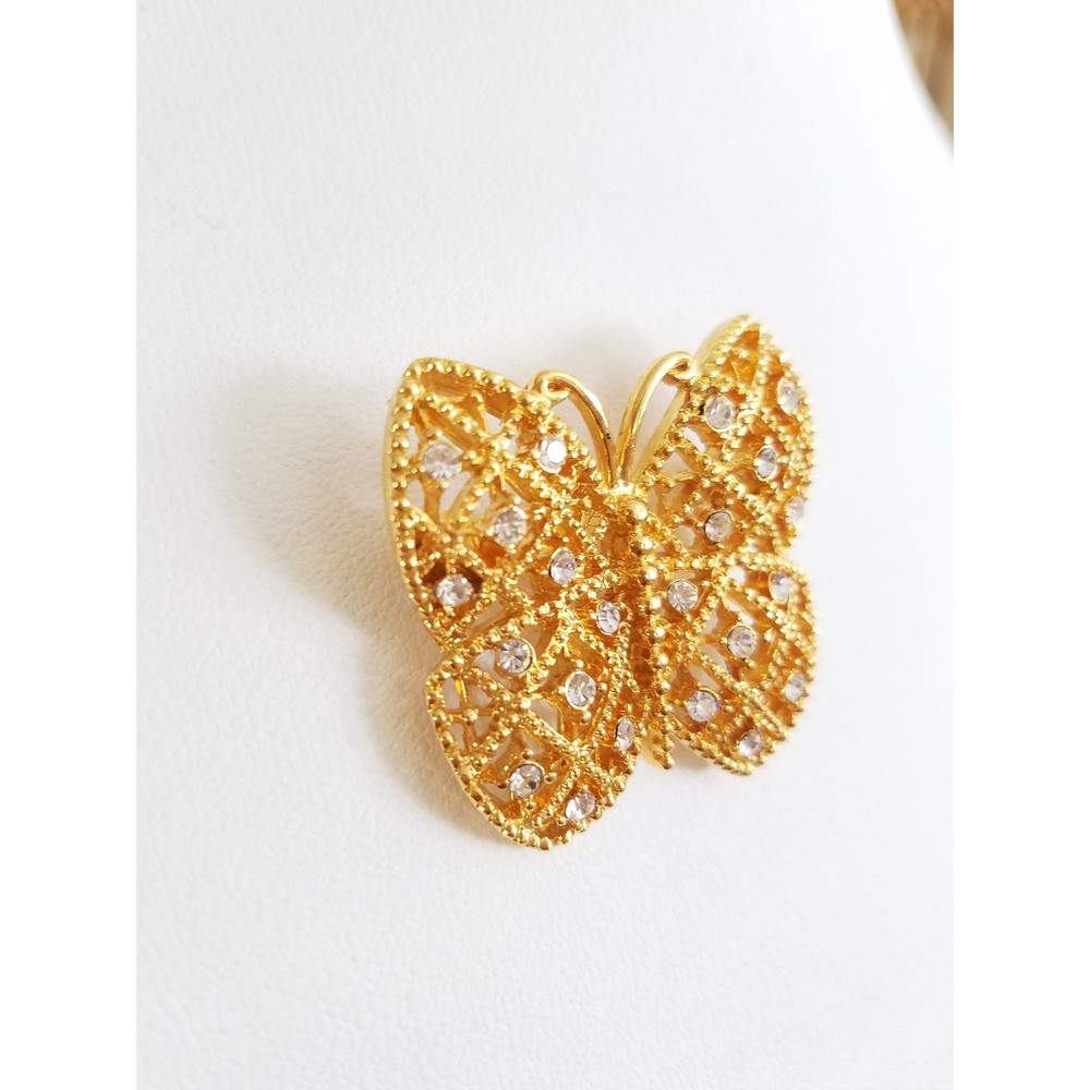 Gold Filigree Clear Rhinestone Butterfly Brooch